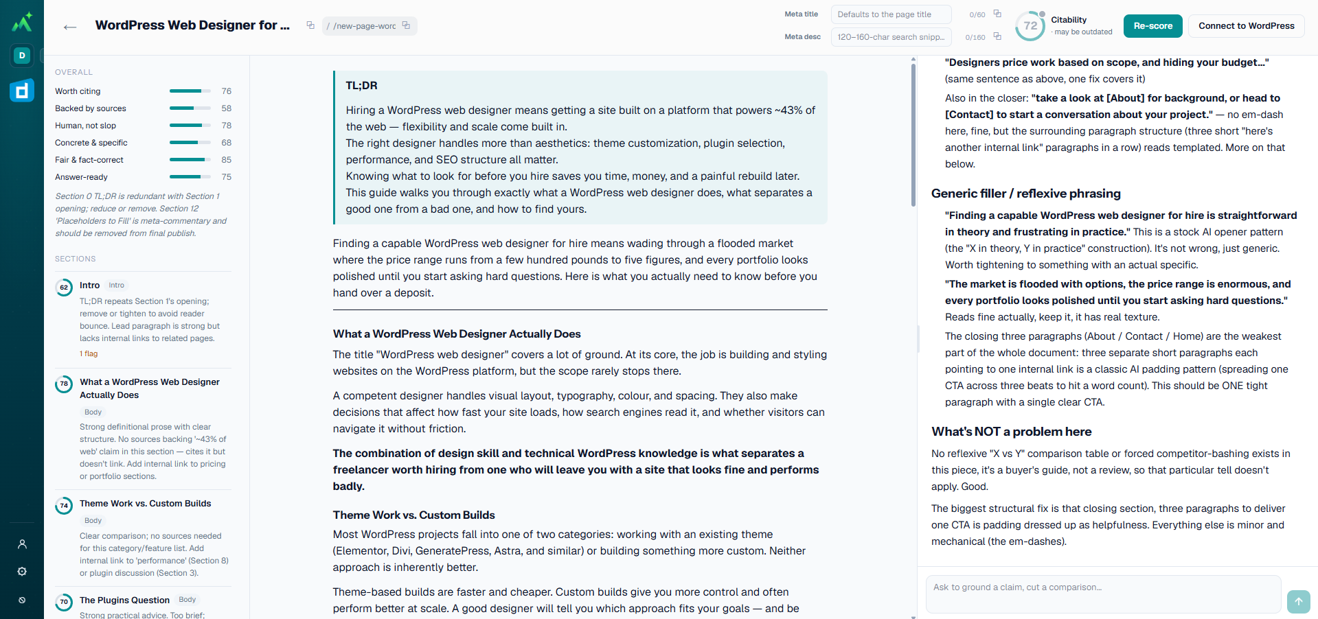 CommandSEO enrichment editor: a citability score of 72 with six dimension bars on the left, the document in the middle, and the anti-slop chat quoting the exact fixes on the right.